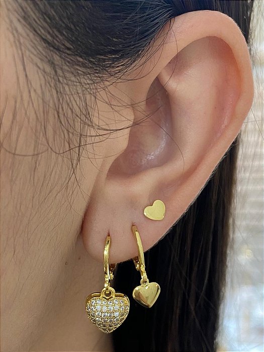 BRINCO TRIO ARGOLA PING CORAÇÃO CRAVEJADO E LISO