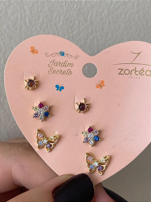 BRINCO TRIO BORBOLETA E FLOR CRAV COLORS