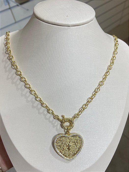 COLAR ELO AMERICANO PING CORAÇÃO PAI NOSSO CRAVEJADO