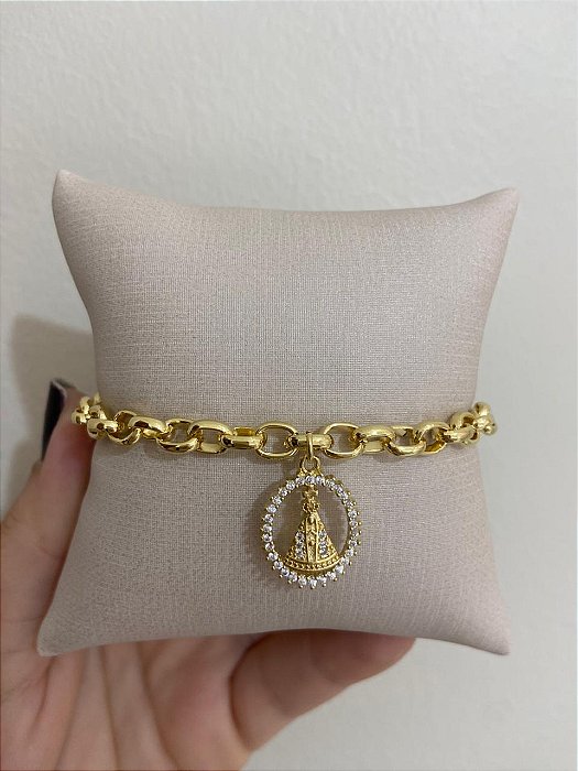 PULSEIRA ELO PORTUGUES MEDALHA NOSSA SENHORA CRAVEJADA