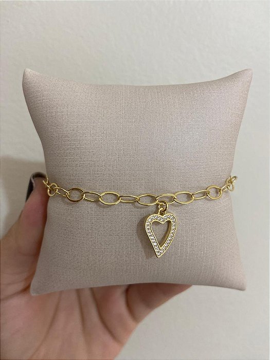 PULSEIRA ELO PORTUGUES PING CORAÇÃO VAZADO CRAVEJADO