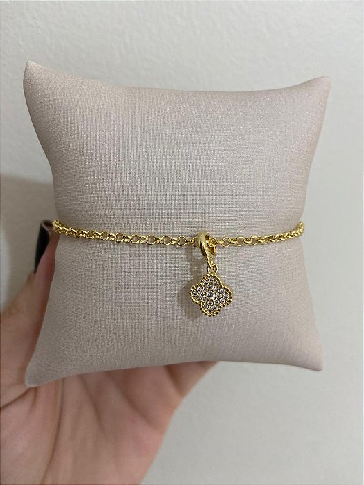 PULSEIRA MINI ELO PORTUGUES FLOR CRAVEJADA