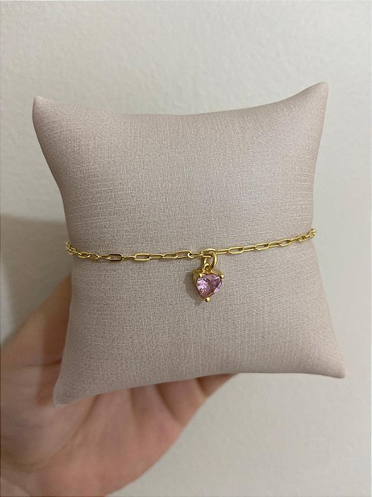 TORNOZELEIRA CORAÇÃO ZIRCONIA ROSA BEBE
