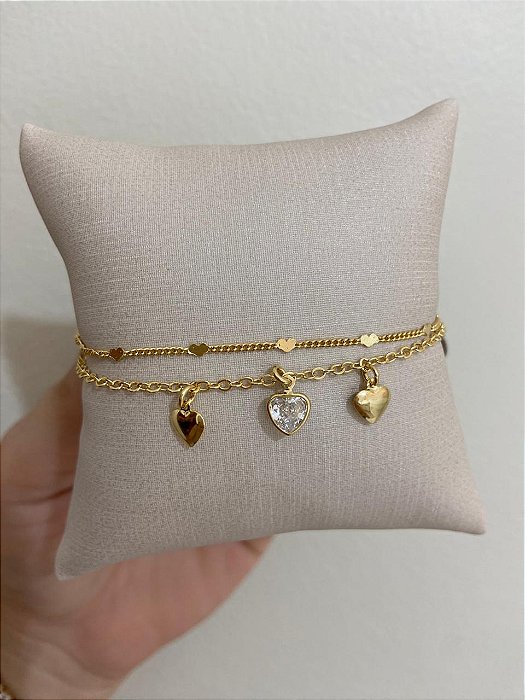 TORNOZELEIRA DUPLA CORAÇÃO LISO E NO CRISTAL