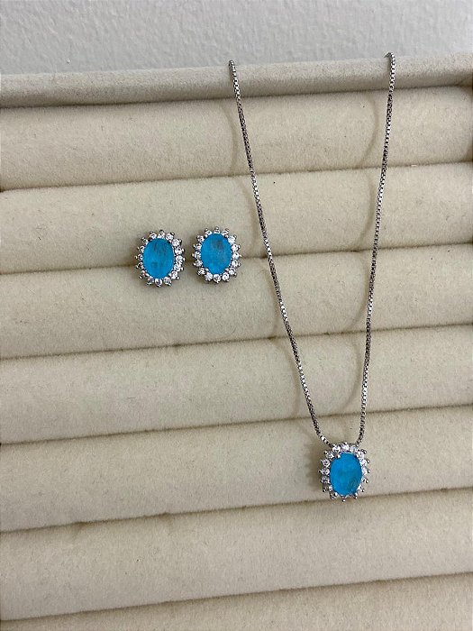 CONJUNTO RODIO ZIRCÔNIA CRAV OVAL AZUL TIFFANY