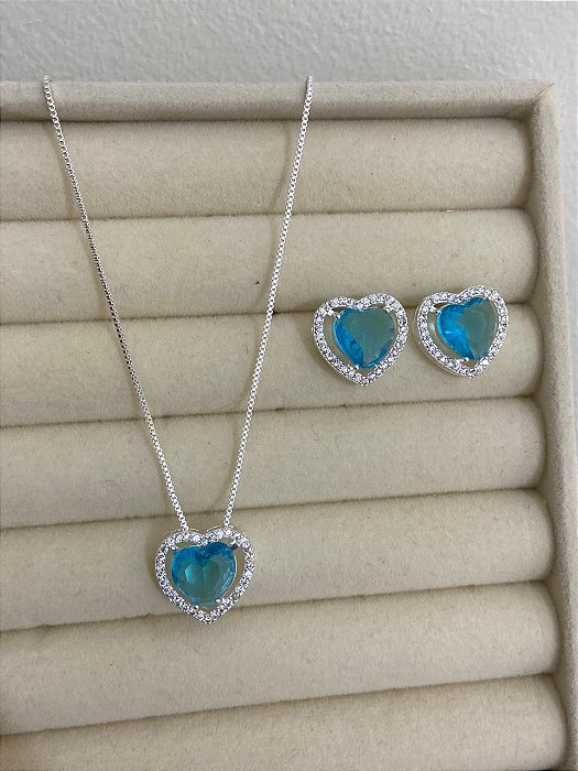 CONJUNTO PRATEADO ZIRCÔNIA CRAV CORAÇÃO AZUL CLARA