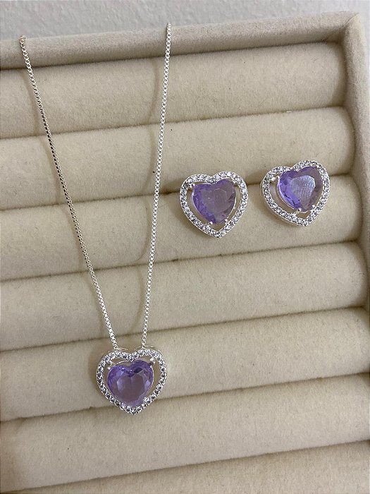 CONJUNTO PRATEADO ZIRCÔNIA CRAV CORAÇÃO LILAS