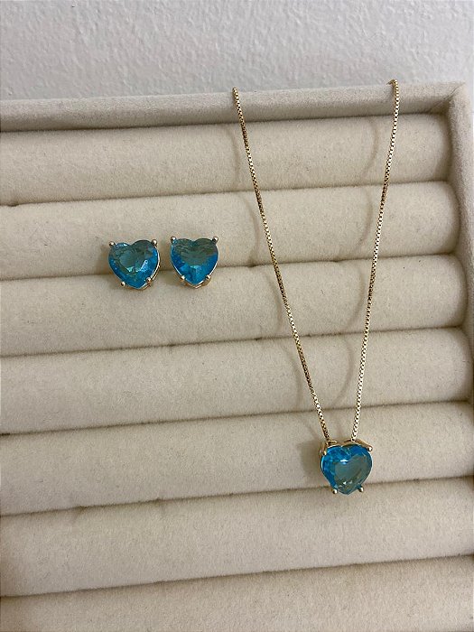 CONJUNTO DOURADO ZIRCÔNIA CORAÇÃO AZUL TURQUESA
