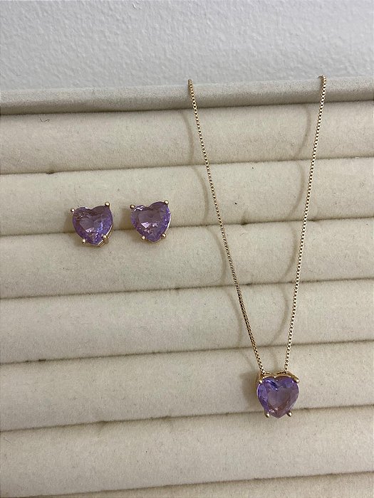 CONJUNTO DOURADO ZIRCÔNIA CORAÇÃO LILAS