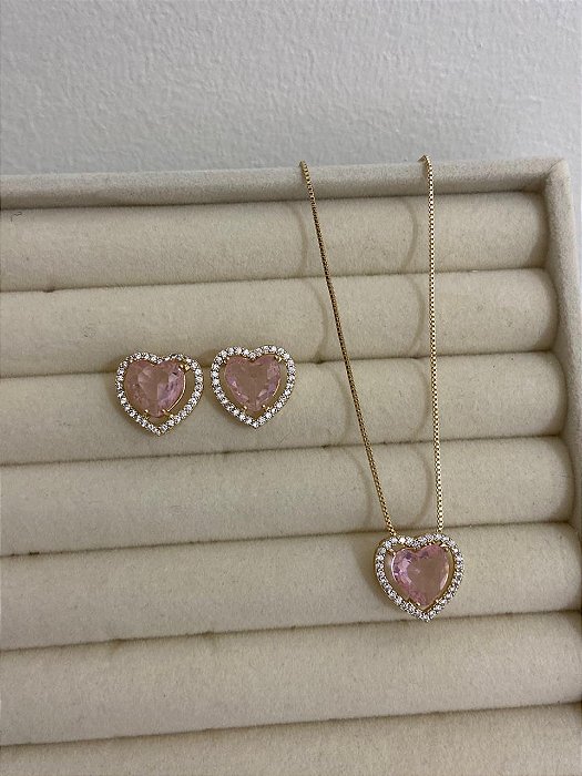 CONJUNTO DOURADO ZIRCÔNIA CRAV CORAÇÃO ROSA BEBE