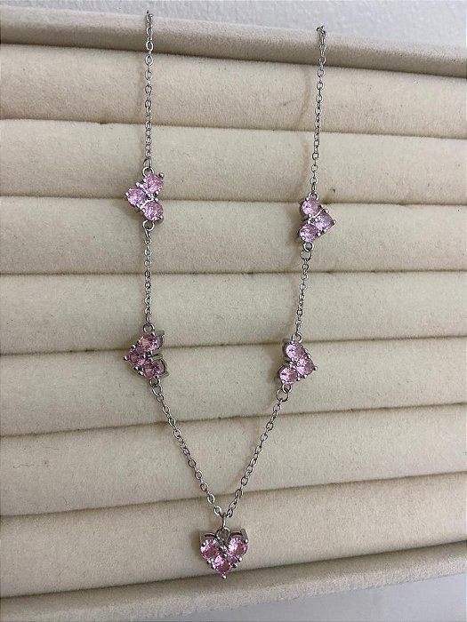 COLAR RODIO CORAÇÃO CRAVEJADO ZIRCÔNIA ROSA BEBÊ