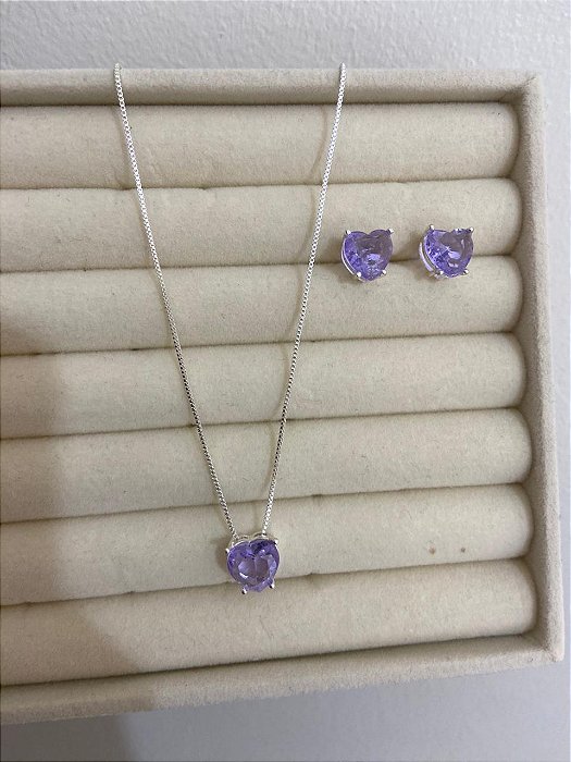 CONJUNTO PRATA CORAÇÃO ZIRCÔNIA LILAS