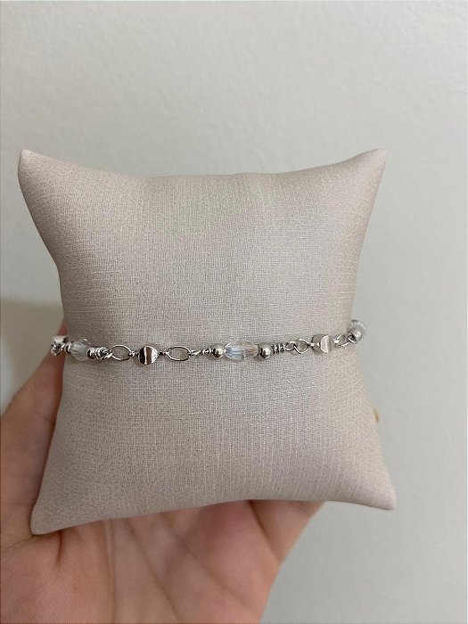 PULSEIRA GRUMET FINA COM CRISTAIS PRATA