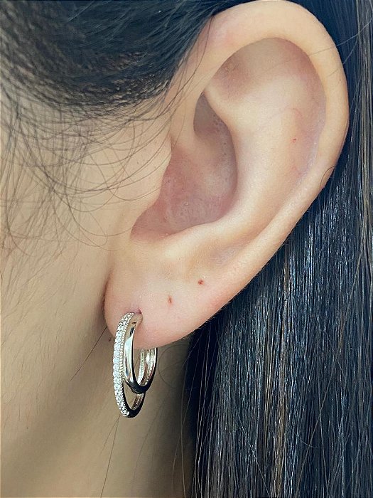 BRINCO ARGOLA DUPLA RODIO CRAV ZIRCÔNIA