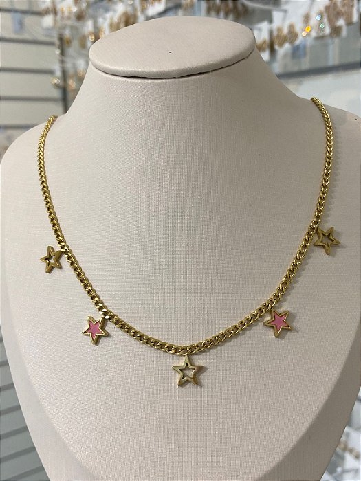COLAR AÇO DOURADO ESTRELA VAZADA ROSA