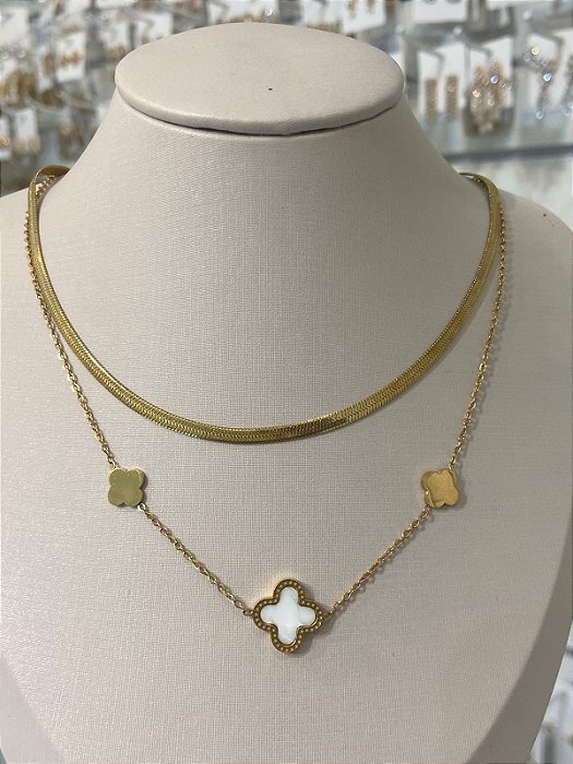 COLAR AÇO DUPLO FITA TREVO MADREPEROLA