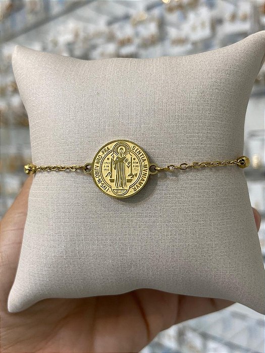 PULSEIRA MINI ELO PORTUGUES COM BOLINHA MEDALHA SAÕ BENTO DUPLA FACE