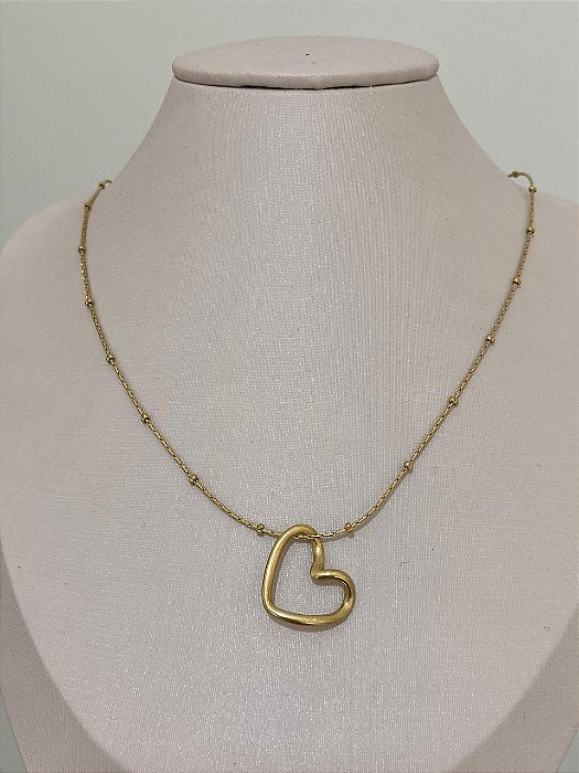 COLAR CORRENTE BOLINHA PIN CORAÇÃO VAZADO AÇO DOURADO