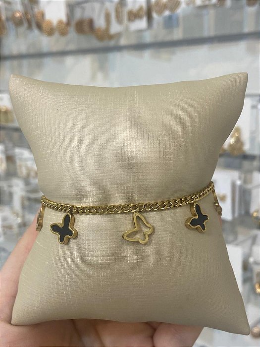 PULSEIRA AÇO ELOS PIN BORBOLETA VAZADAS E PRETA