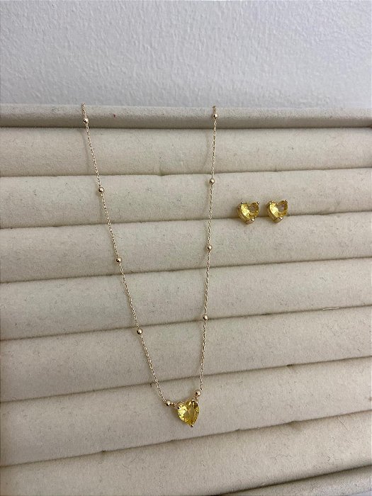 CONJUNTO DOURADO PONTO DE LUZ EM ZIRCÔNIA CITRINO CORAÇÃO