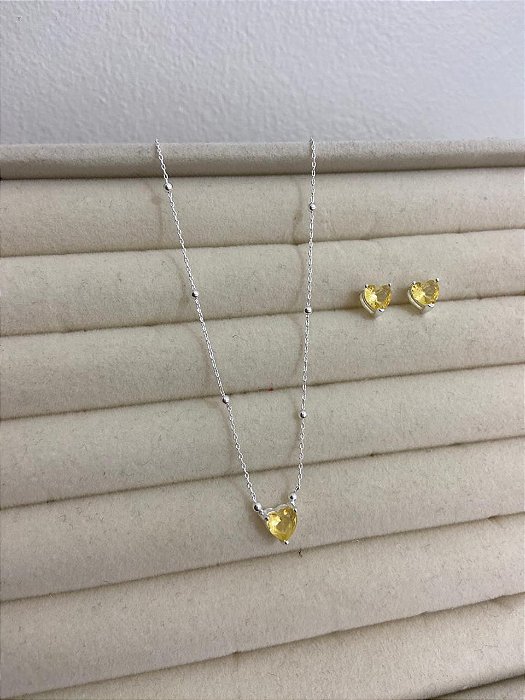 CONJUNTO PONTO DE LUZ EM ZIRCÔNIA CITRINO CORAÇÃO PRATA
