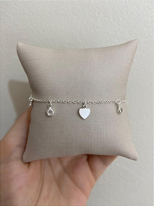 PULSEIRA PONTO DE LUZ E CHAPA DE CORAÇÃO LISO PRATA