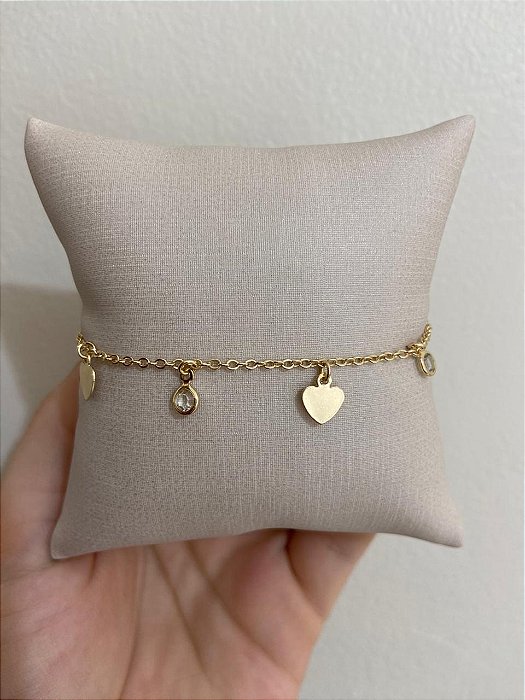 PULSEIRA DOURADA PONTO DE LUZ E CHAPA DE CORAÇÃO LISO