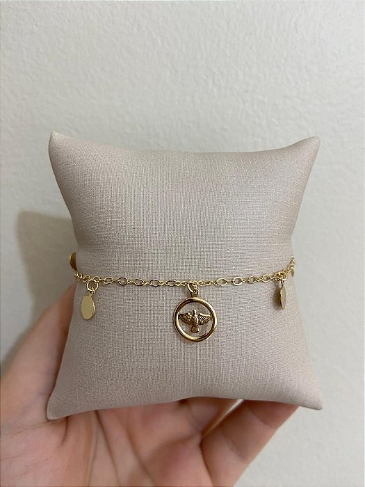 PULSEIRA DOURDA CHAPINHA REDONDA LISA E PIN ESPIRITO SANTO