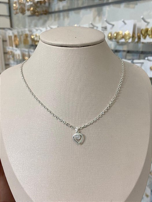 COLAR CHOCKER PIN CORAÇÃO VAZADO COM PONTO DE LUZ BANHO DE PRATA