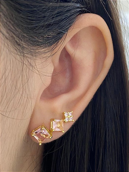 BRINCO TRIO QUADRADO ZIRCONIA ROSA BEBE DOURADO