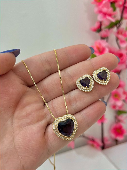 CONJUNTO CORAÇÃO CRAVEJADO LILAS AMETHISTA