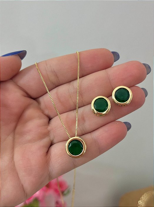 CONJUNTO REDONDO PEDRA ESMERALDA DOURADO