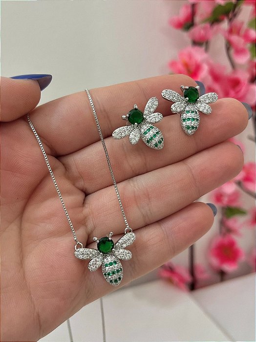 CONJUNTO ABELHA CRAVEJADA ZIRCONIA VERDE ESMERALDA