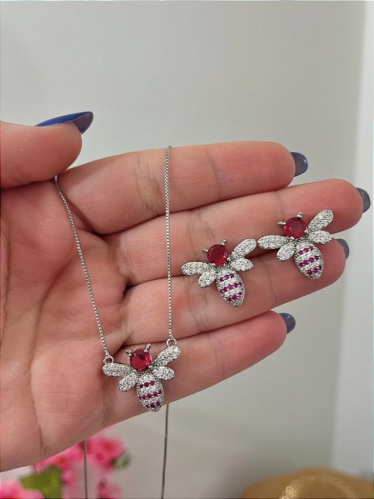 CONJUNTO ABELHA CRAVEJADA ZIRCONIA VERMELHO RUBY