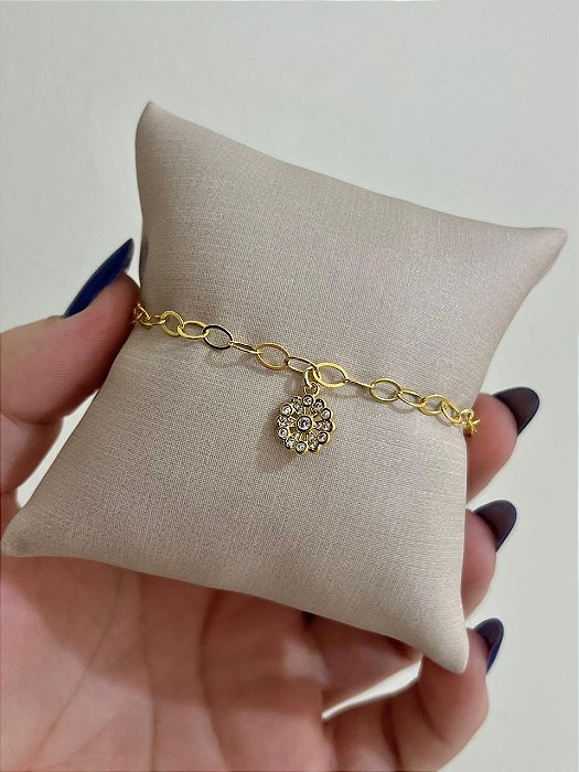 PULSEIRA ELOS COM PIN FLORZINHA DOURADA