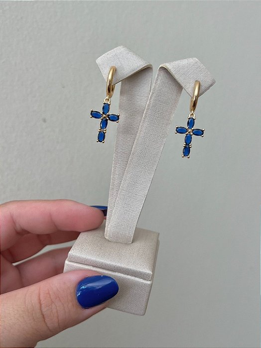 BRINCO ARGOLA CLICK PIN CRUZ ZIRCONIA AZUL