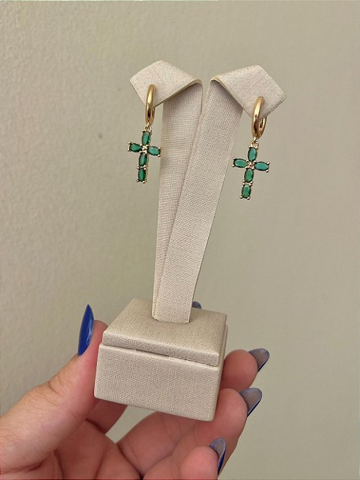 BRINCO ARGOLA CLICK PIN CRUZ ZIRCONIA VERDE ESMERALDA