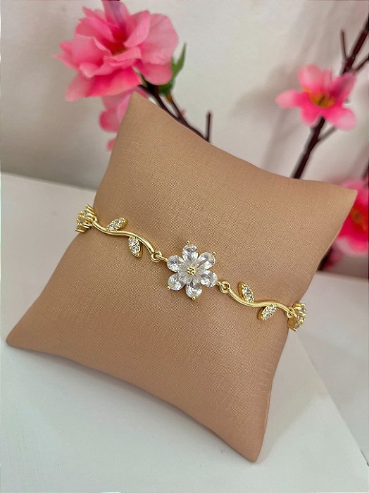 PULSEIRA FLOR CRISTAL OURO