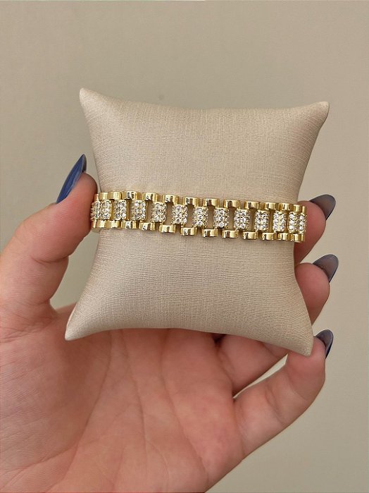 PULSEIRA MALHA RELOGIO CRAVEJADA DOURADA