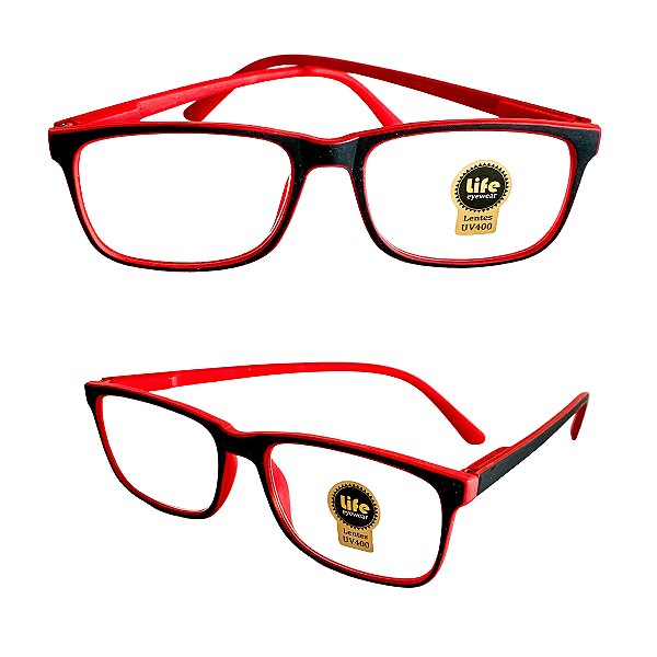 Óculos Grau +0.50 a +4.00 Emborrachado Justin Vermelho com Preto Lente Leitura