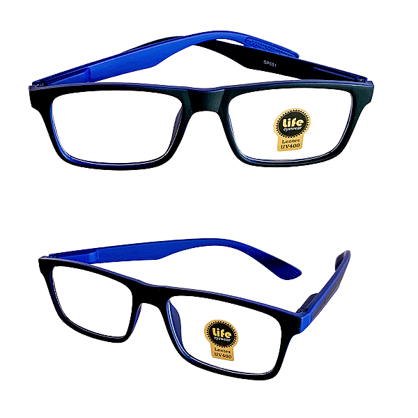 Óculos Grau +0.50 a +4.50 Emborrachado Armação Azul com Preto Lente Leitura
