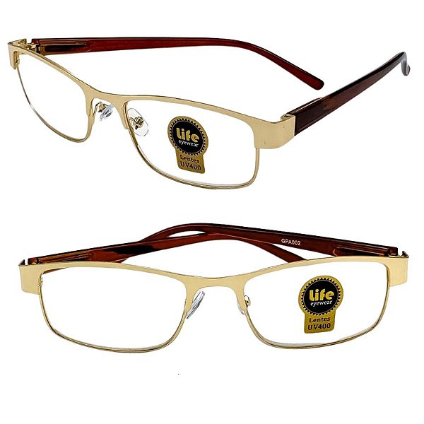 Óculos Grau +0.50 a +4.00 Armação Metálica Dourada Lente Leitura