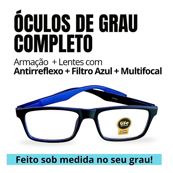 Armação + Par Lentes Grau Multifocal com A.R. Miopia, Hipermetropia e Astigmatismo Diversos Modelos Várias Cores