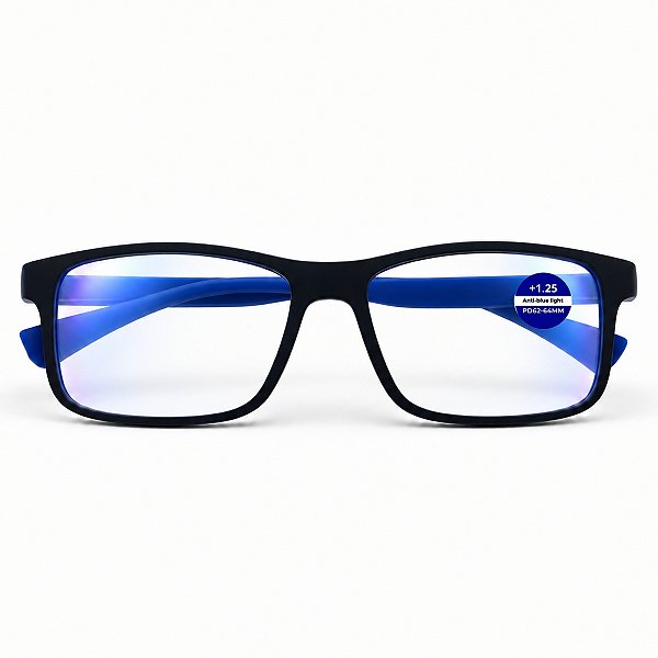 Armação de Óculos de Grau para Leitura +1,25 até +3,25 Retangular com Filtro Azul