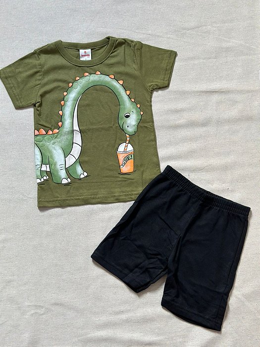 Conjunto Camiseta Meia Malha / Bermuda Moletinho (Dinossauro-verde)