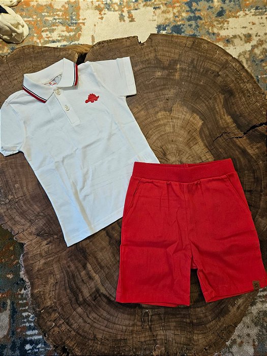 Conjunto Polo Meia Malha / Bermuda Sarja Super Comfort (vermelho e off-white)