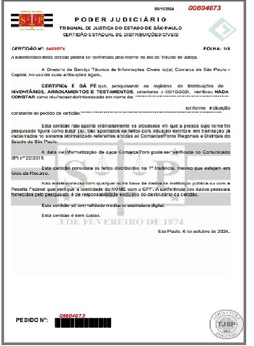 Certidão de Distribuição de Inventário Arrolamento e Testamento