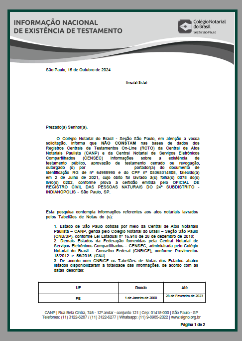 Certidão negativa de Testamento - Colégio Notarial