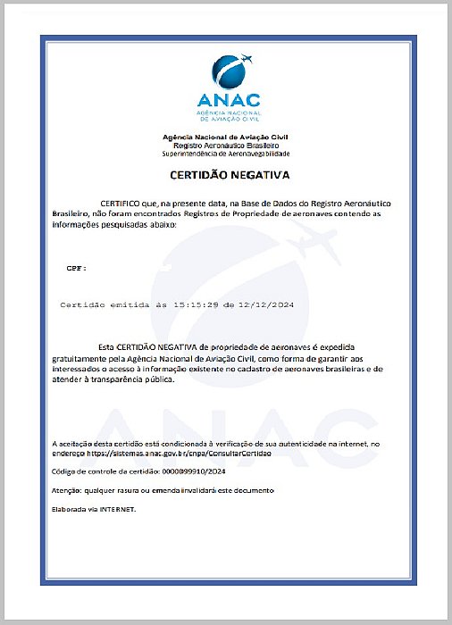 Certidao negativa de propriedade de aeronave