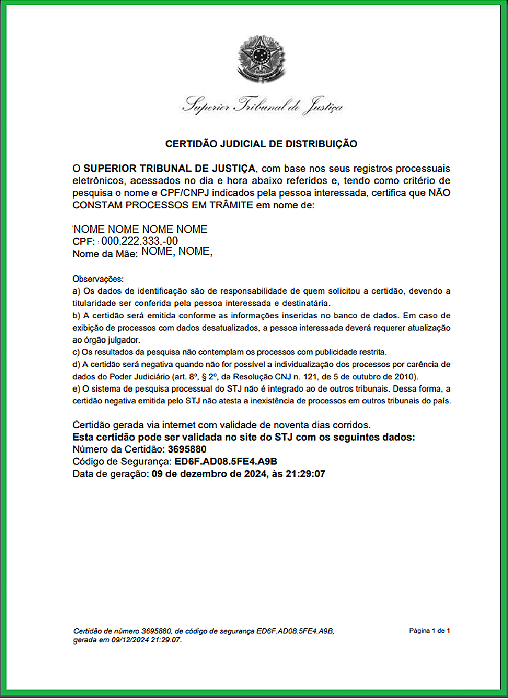 Certidão do STJ -Superior Tribunal de Justiça